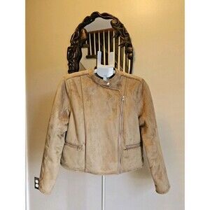 Lauren Ralph Lauren Tan Moto Jacket Faux Suede Sherpa Lined Womens Petite L PL